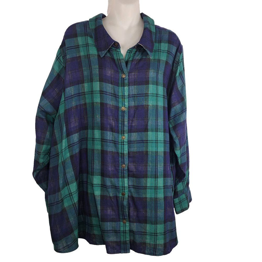 Joan Rivers Womens Cotton Plaid Reversible Boyfriend Shirt 2X Navy Emerald Snap - Picture 1 of 14